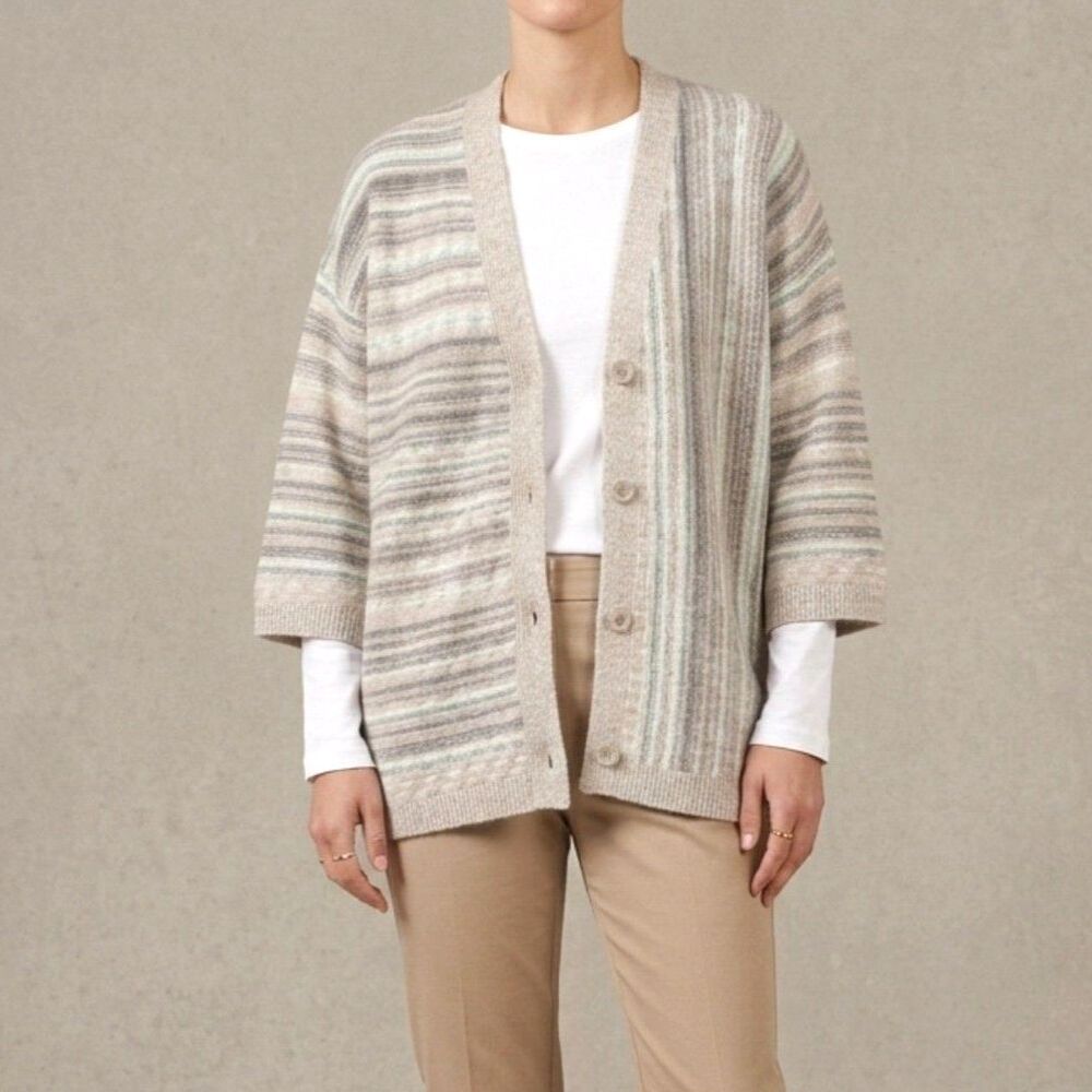 J Jill Stripe Neutral Tones Cardigan Top Oversized XSP Knit Sweater Classic Nice